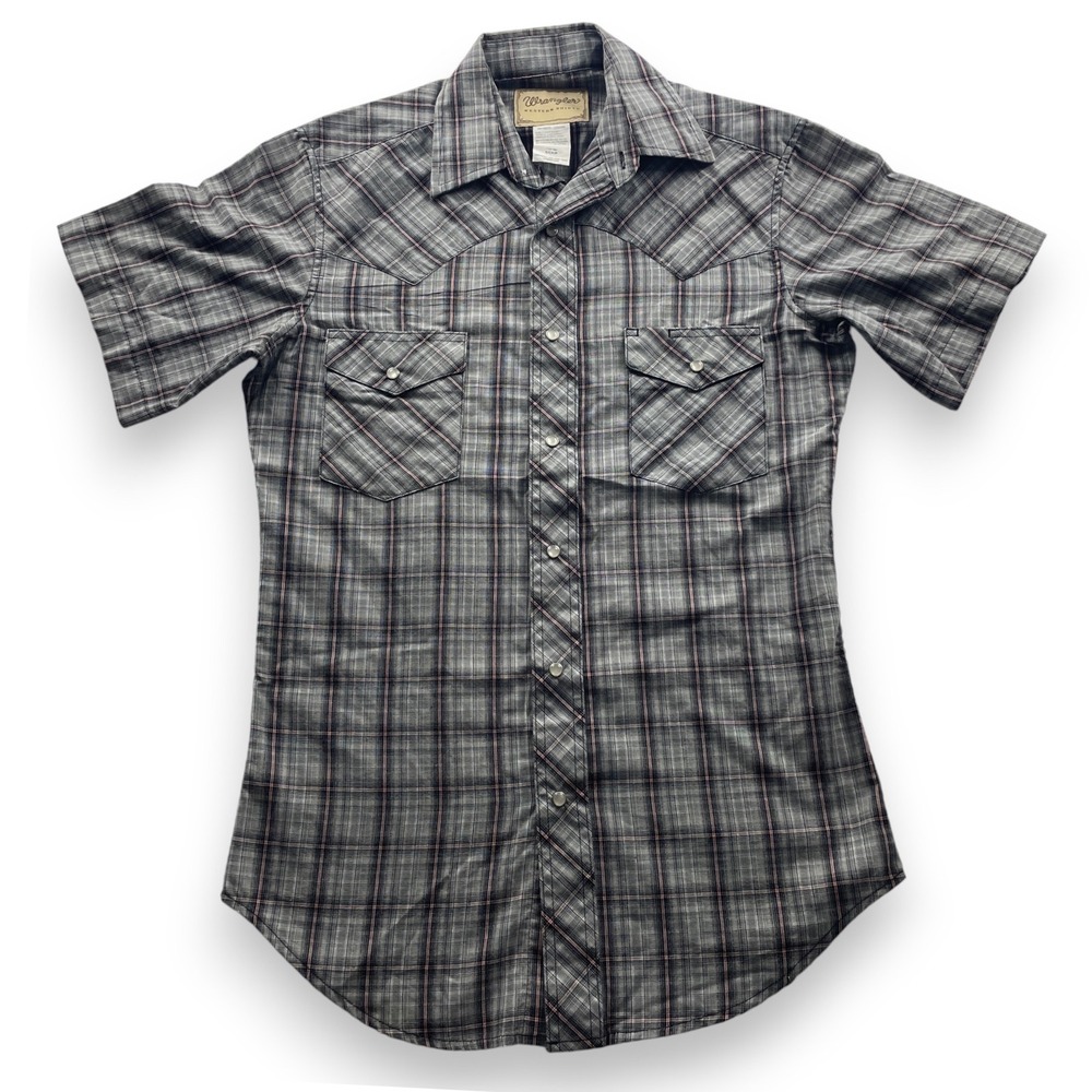 Wrangler Mens Western Shirt Short Sleeve Pearl Snap Plaid Grey Black Red Small